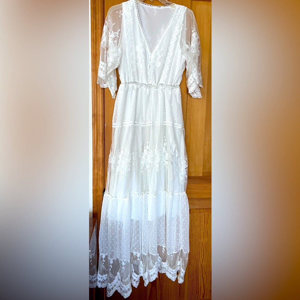 Elegant White Lace Maxi Dress - V-Neck, Sheer Sleeve